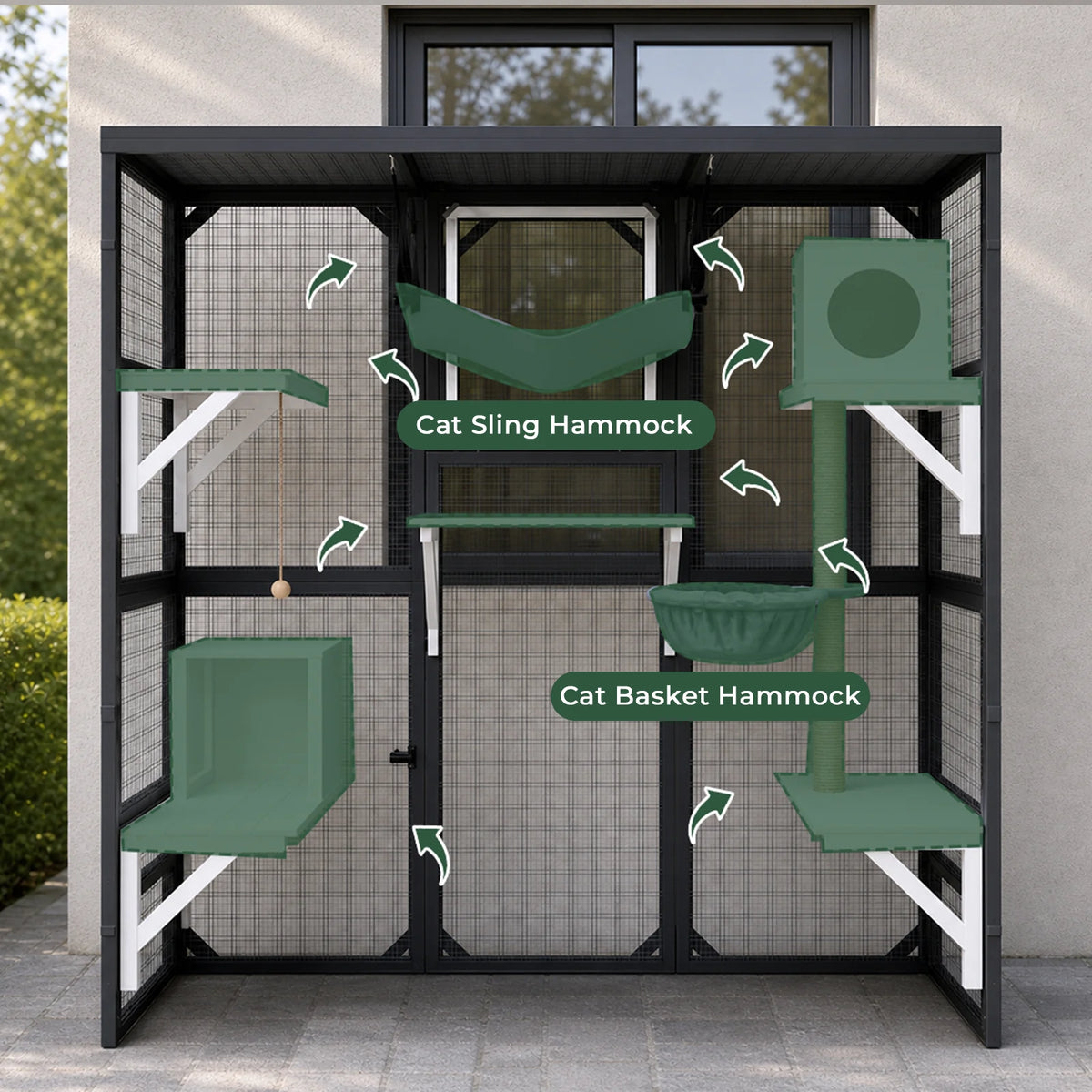 PetsCosset walk-in wooden catio featuring multi-platforms, hammocks, and resting boxes for cats to jump, play, and sleep comfortably