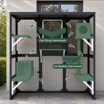 PetsCosset walk-in wooden catio featuring multi-platforms, hammocks, and resting boxes for cats to jump, play, and sleep comfortably