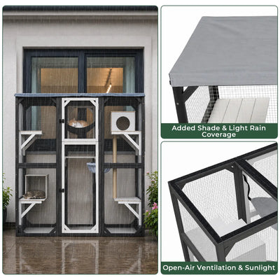 PetsCosset walk-in wooden catio with a waterproof Oxford cloth roof cover for rain and UV protection, featuring a removable design for open-air sunlight and ventilation
