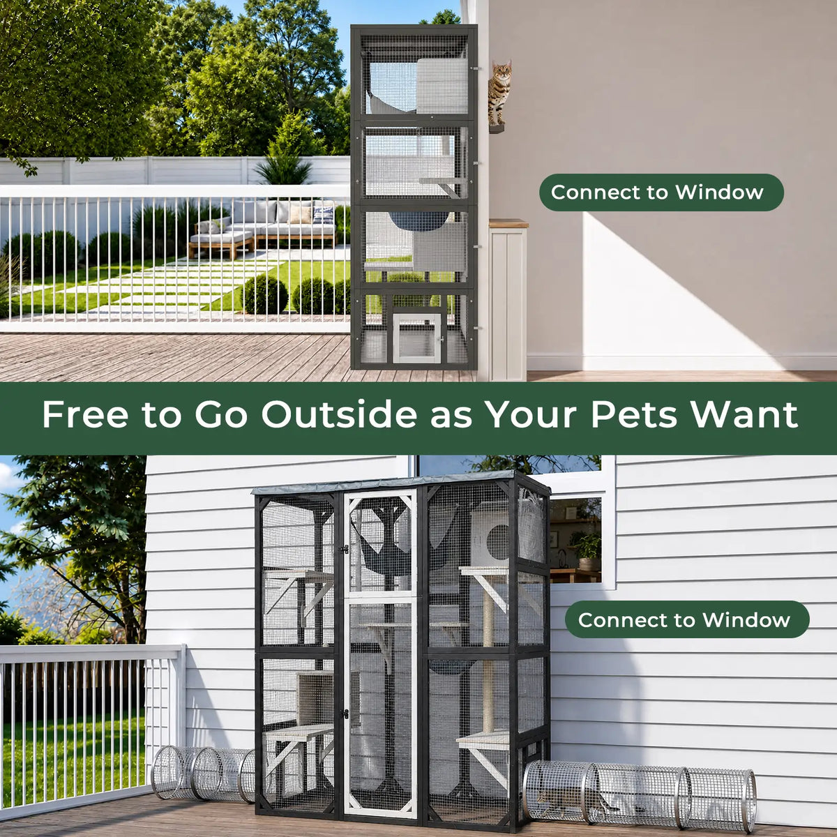 PetsCosset walk-in wooden catio connected to a house window for free indoor and outdoor pet access