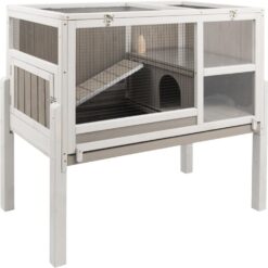 Petscosset PET37 Guinea Pig Cages Indoor, Rabbit Cage Hutch with Ramp and Hideout, Small Animals Cage Habitat,White/Grey