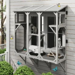 PETSCOSSET PET08 68‘’L Wooden Cat Catio, Expandable Window Box Enclosure for Multiple Indoor Cats